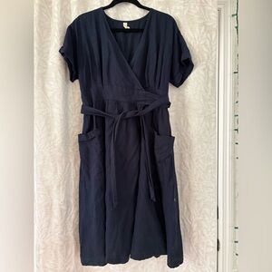 Women's Navy Midi Linen Wrap Dress with Pockets